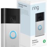 Ring Battery Doorbell in a sleek black and silver design, featuring 1536p HD+ video, 3D motion detection, and Bird’s Eye View, displayed on a transparent background.