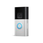 Ring Battery Doorbell Psmart home security device with a sleek black and silver design on a transparent background.