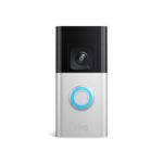 Ring Battery Doorbell Pro in a sleek black and silver design, featuring 1536p HD+ video, 3D motion detection, and Bird’s Eye View, displayed on a transparent background.